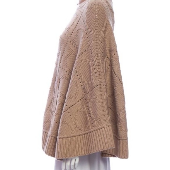 SALVATORE FERRAGAMO Tan Wool Gancini Poncho Sweater with Leather Trim M - Picture 8 of 8